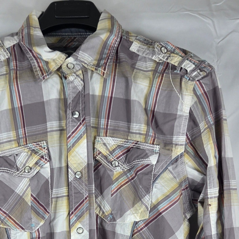 BKE Mens Athletic Fit Plaid Pearl Snap Long Sleeve Western Shirt Grey Large